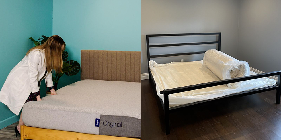on the left, a woman in a white lab coat is adjusting a grey mattress on a wooden bed frame against a turquoise wall, with a green plant in the background on the right, a minimalistic black bed frame is placed in a room with gray walls, featuring a rolled up mattress covered in protective plastic laying on top of it