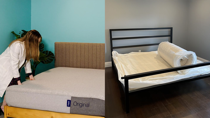 best mattresses in a box on the left, a woman in a white lab coat is adjusting a grey mattress on a wooden bed frame against a turquoise wall, with a green plant in the background on the right, a minimalistic black bed frame is placed in a room with gray walls, featuring a rolled up mattress covered in protective plastic laying on top of it