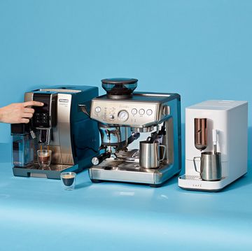 three espresso machine models from ge, breville and delonghi with two shots of espresso made