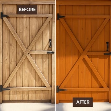 a wooden door before and after stain has been applied