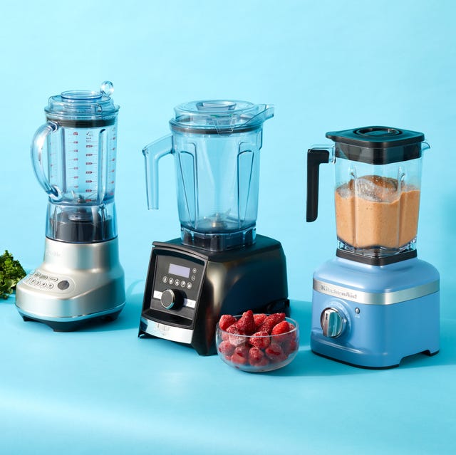 three blenders with smoothie ingredients on the countertop