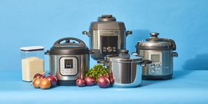good housekeeping tested pressure cookers on blue background