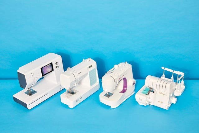 three sewing machines and a serger on a blue set, good housekeeping best sewing machines