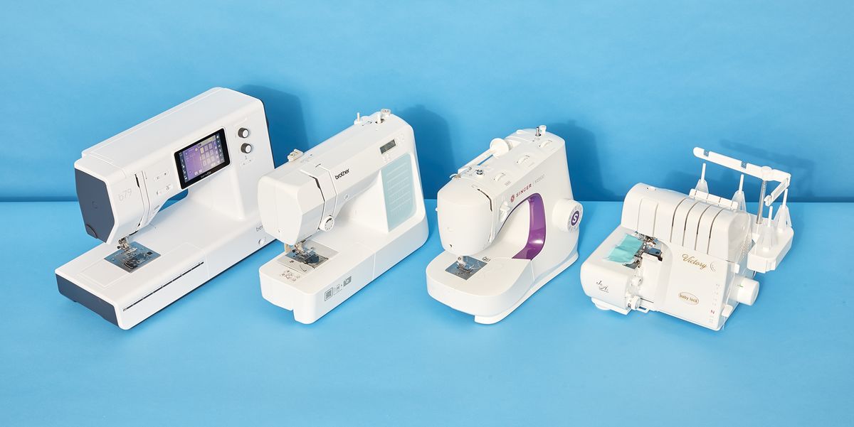 three sewing machines and a serger on a blue set, good housekeeping best sewing machines