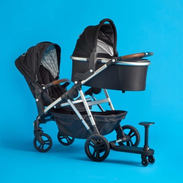 Mockingbird single to double stroller tested for the good housekeeping institute a mockingbird single to double stroller shown configured for three children thanks to an additional riding board, part of a good housekeeping review of the mockingbird strollers