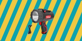 a camera on a yellow and blue background