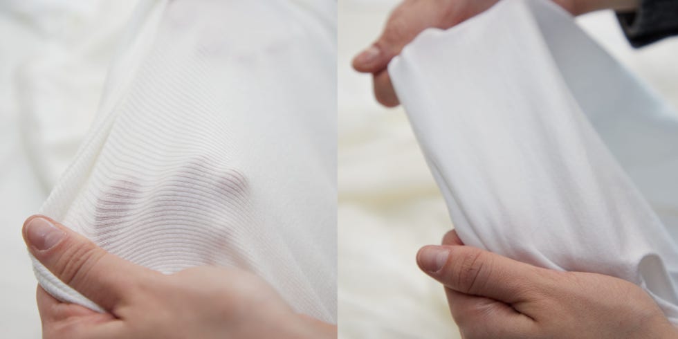 best white t-shirts for women - testing a gh analyst stretching the material of two different white t shirts