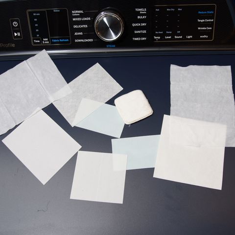 array of laundry detergent sheets displayed on a dryer