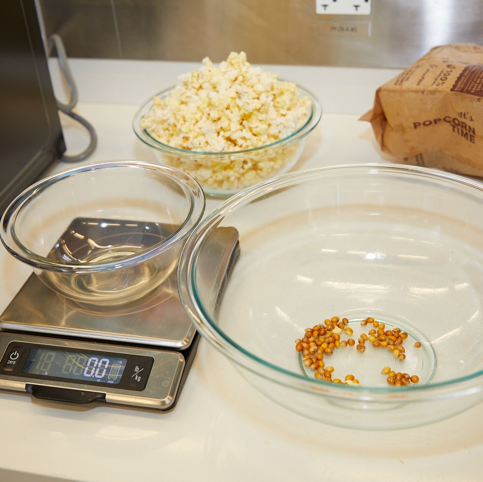 popcorn kernels being weighed during microwave testing