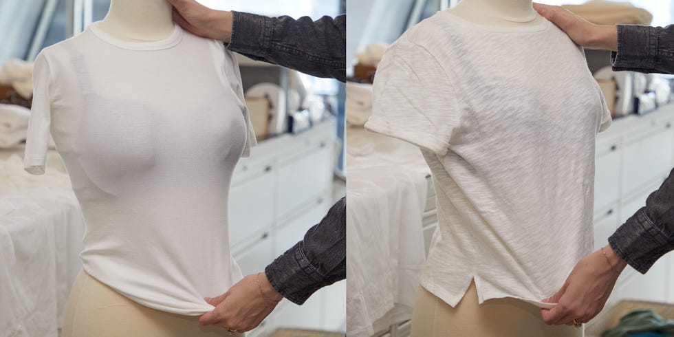 a gh analyst putting white t shirts on a mannequin form