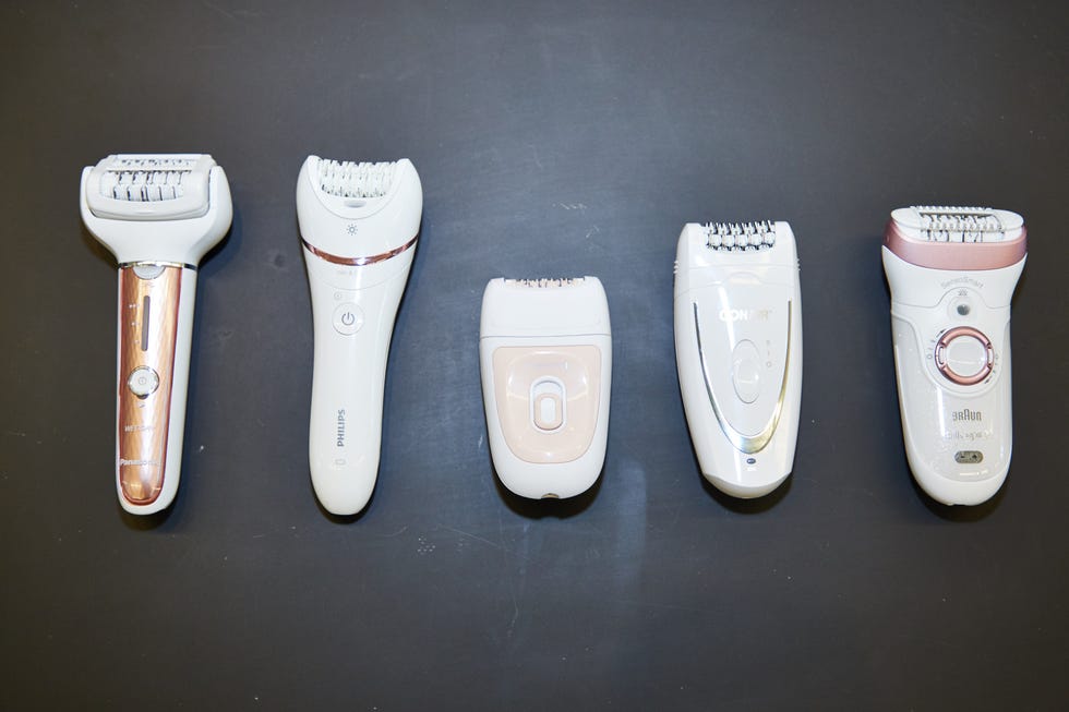 a photo of five epilators being tested at the good housekeeping institute beauty lab