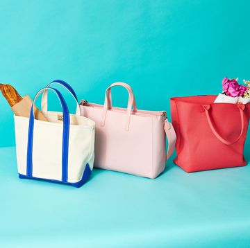 three tote bags on a blue set, good housekeeping's best tote bags