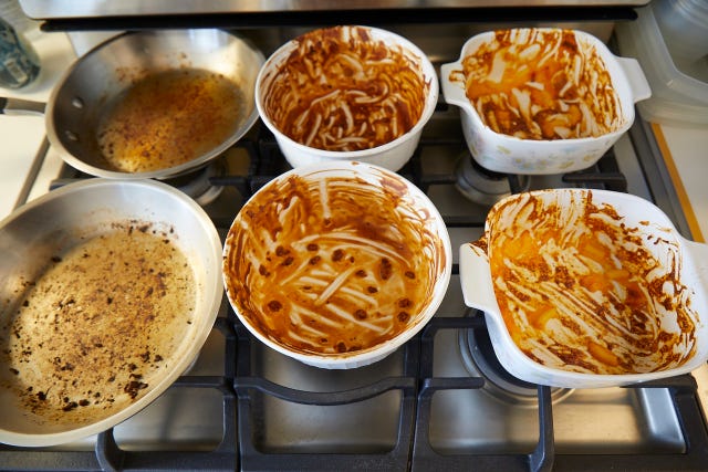 food covered casseroles and cookware to test dishwashers