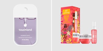 a collection of hand sanitizer and skincare products