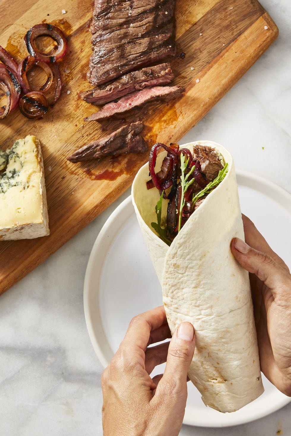steak wrap in a flour tortilla