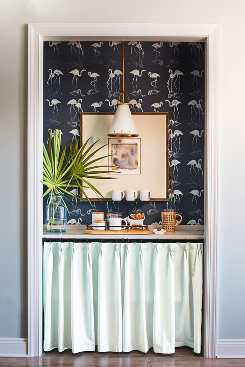 coffee bar ideas with wallpaper and curtain