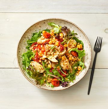 roasted chickpea, tomato and chicken bowl