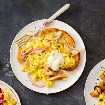 scrambled eggs with smoked trout and creme fraiche