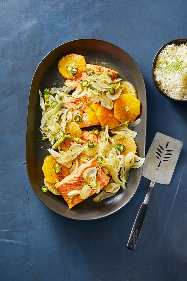 arctic char with citrus salad and orange rice