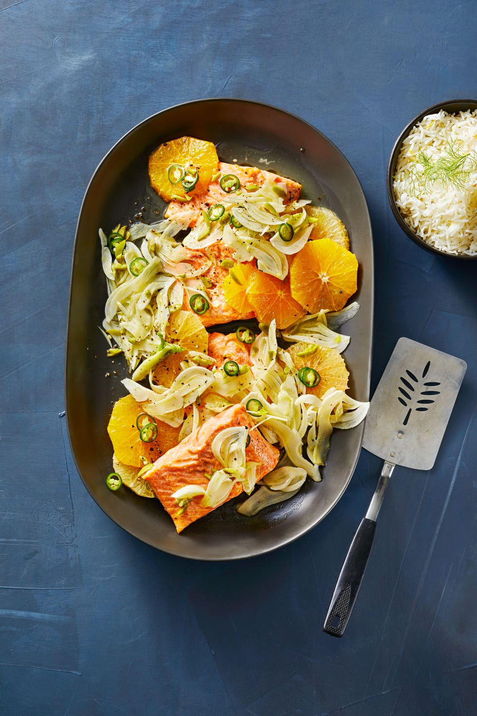 arctic char with citrus salad and orange rice