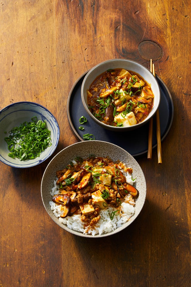 mushroom and pork mapo tofu