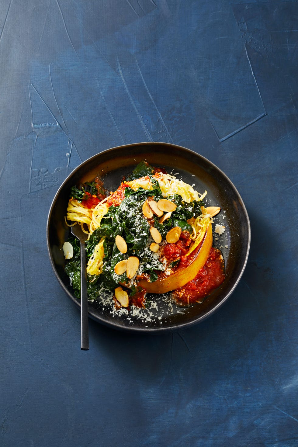 spaghetti squash nests with marinara and garlicky kale