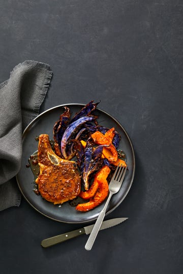 roasted butternut squash and pork chops with cider pan sauce