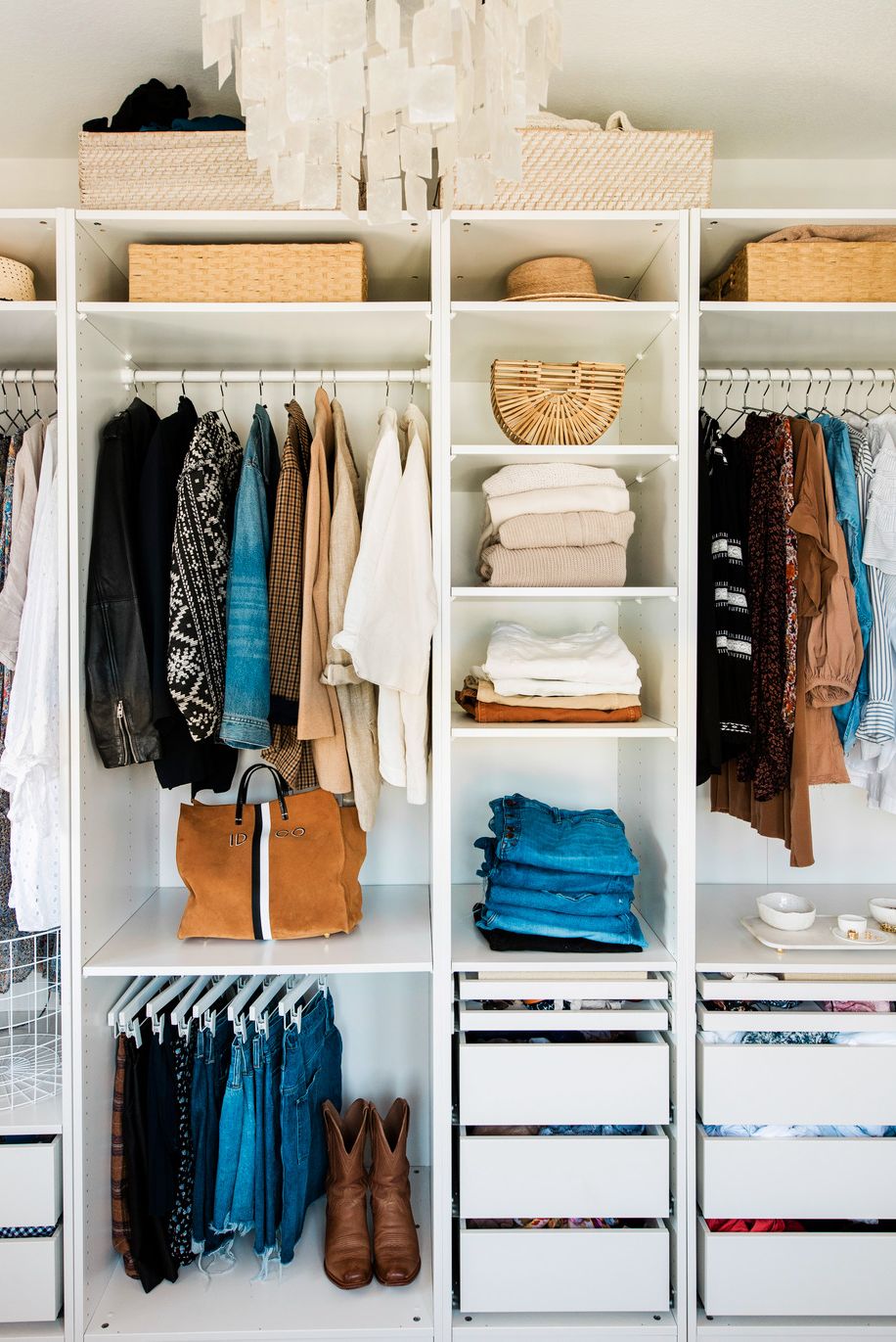 organized closet with shelves, hangers, storage baskets, drawers storage system, closet organizers