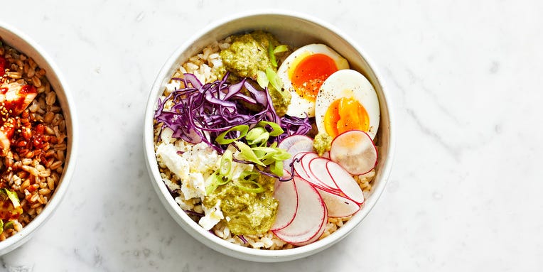 Best Brown Rice Bowl with Jammy Eggs and Olive Vinaigrette Recipe - How