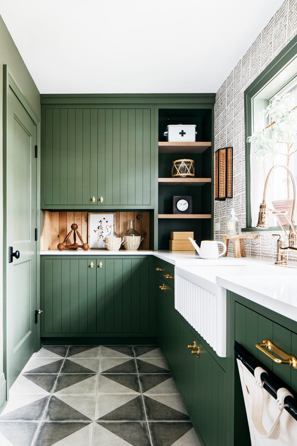 Modern green and white kitchen designed by Kate Marker Interiors