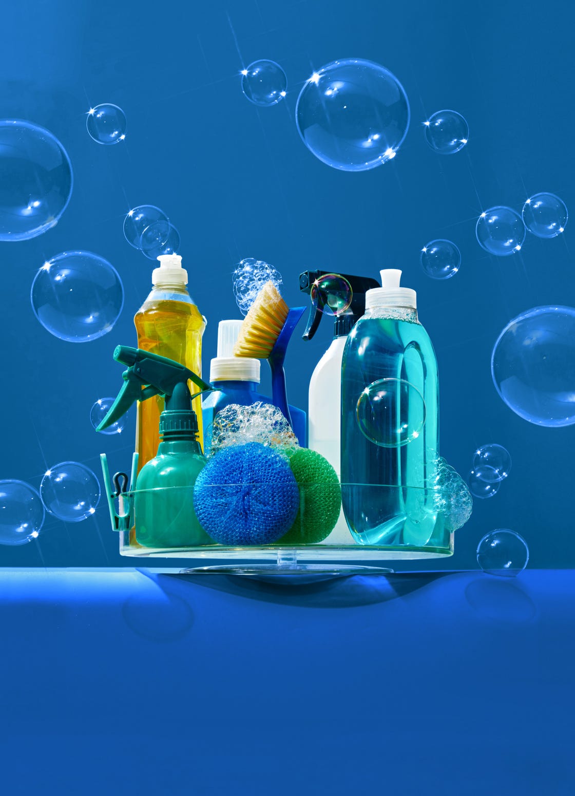 dish cleaning products on plastic tray