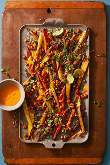 harissa roasted chickpeas and carrots with tahini dressing