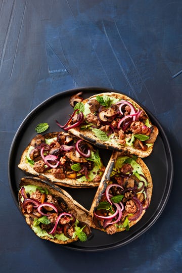 minty pea and spiced beef pitas