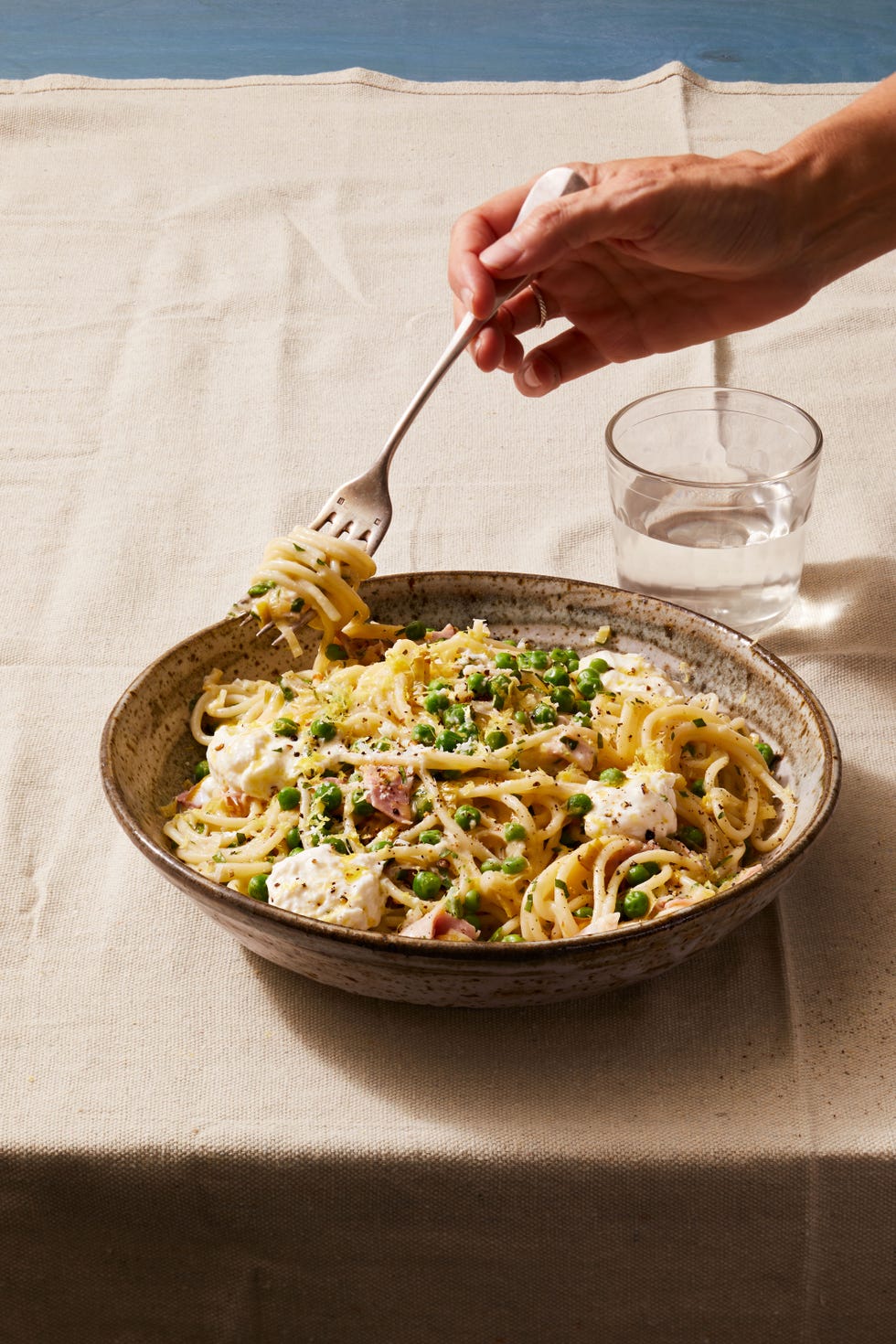 spring pea pasta with burrata and ham