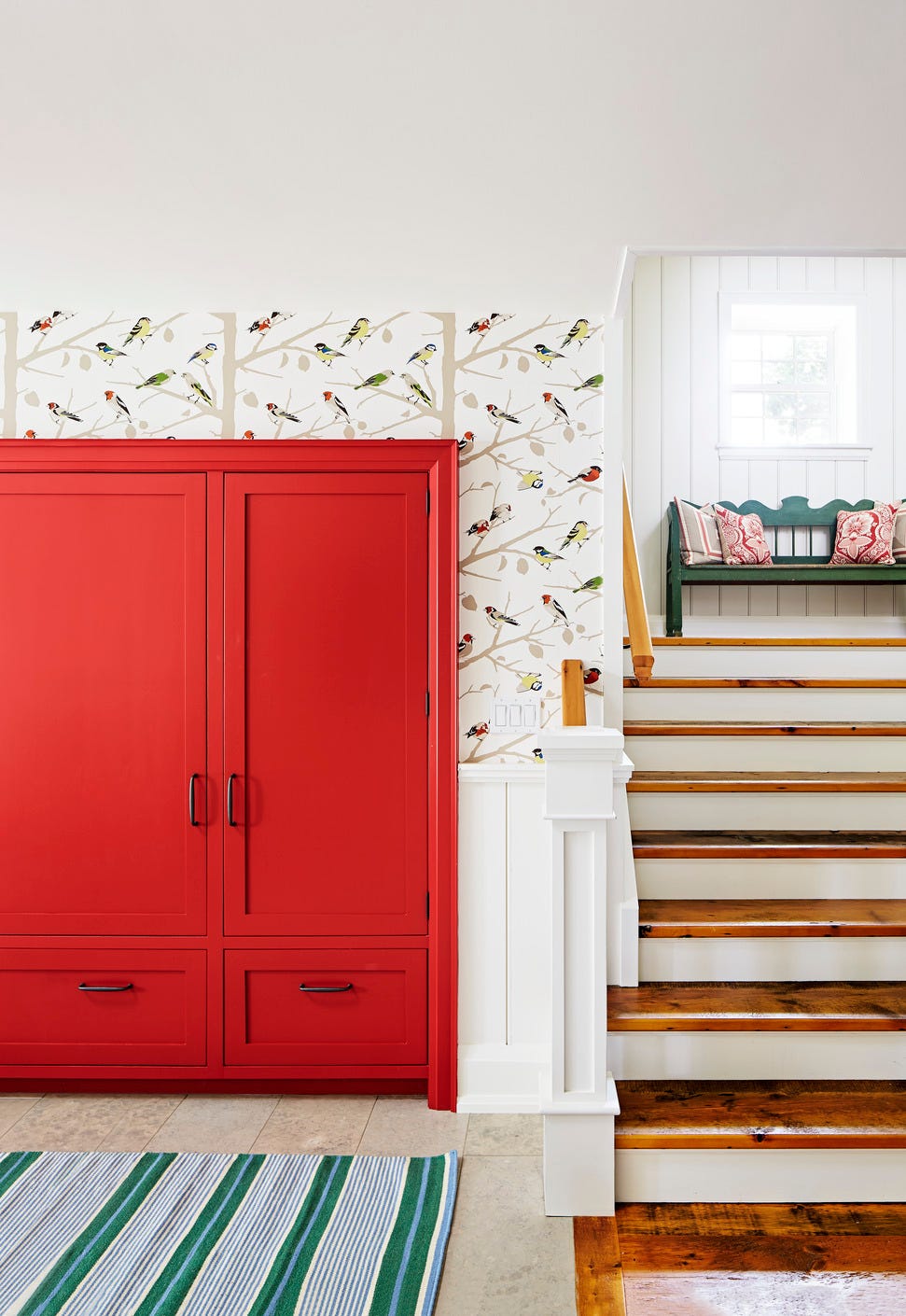 red closet, armoire wardrobe stairs with bench