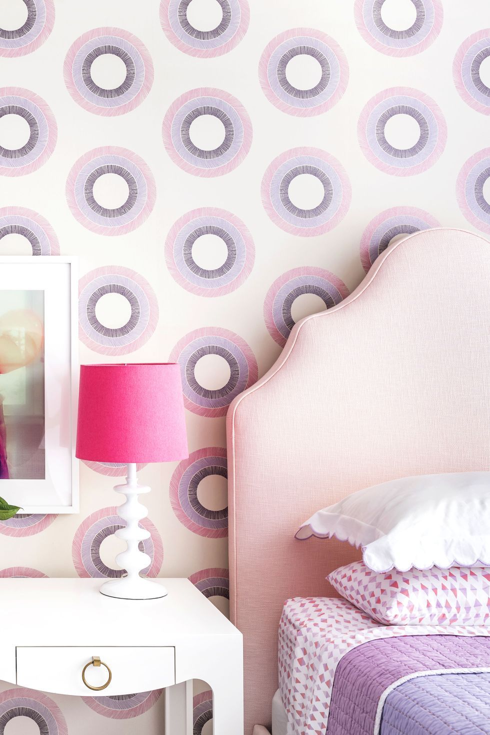 round circle accent wall, pink and purple