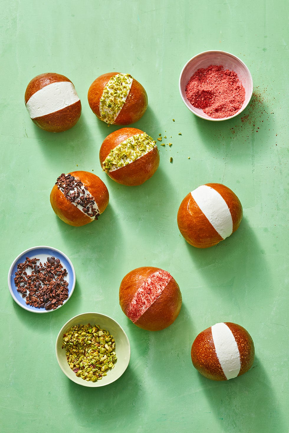 cream filled brioche with nuts and chocolate as toppings