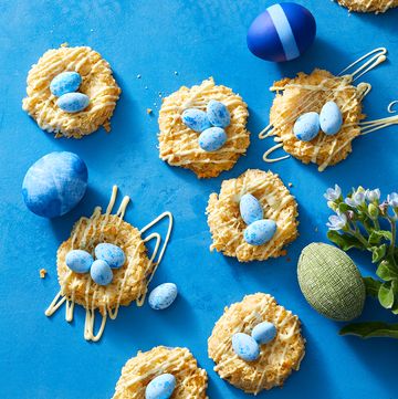coconut flaked nests with blue chocolate eggs on top