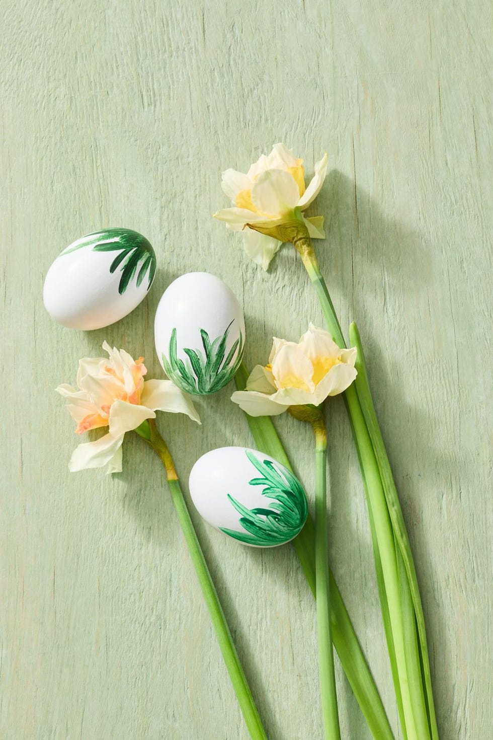 decorative easter eggs and daffodils arranged on a light green background