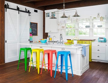 kitchen with multicolor aluminum bar stools