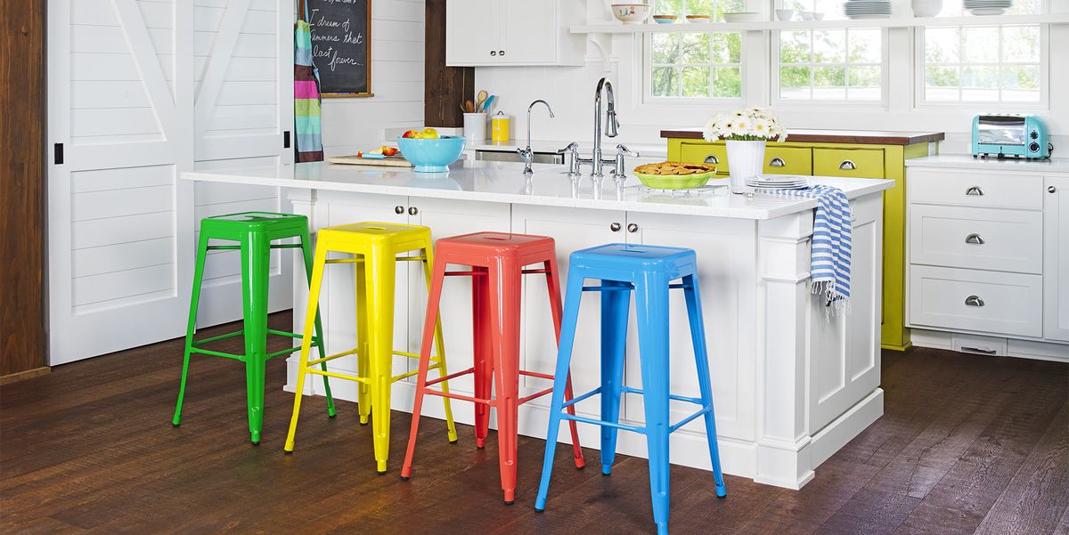 kitchen with multicolor aluminum bar stools
