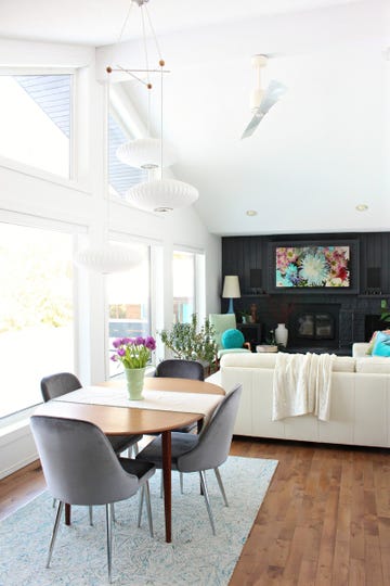 home interior, multipurpose room with fireplace, after makeover