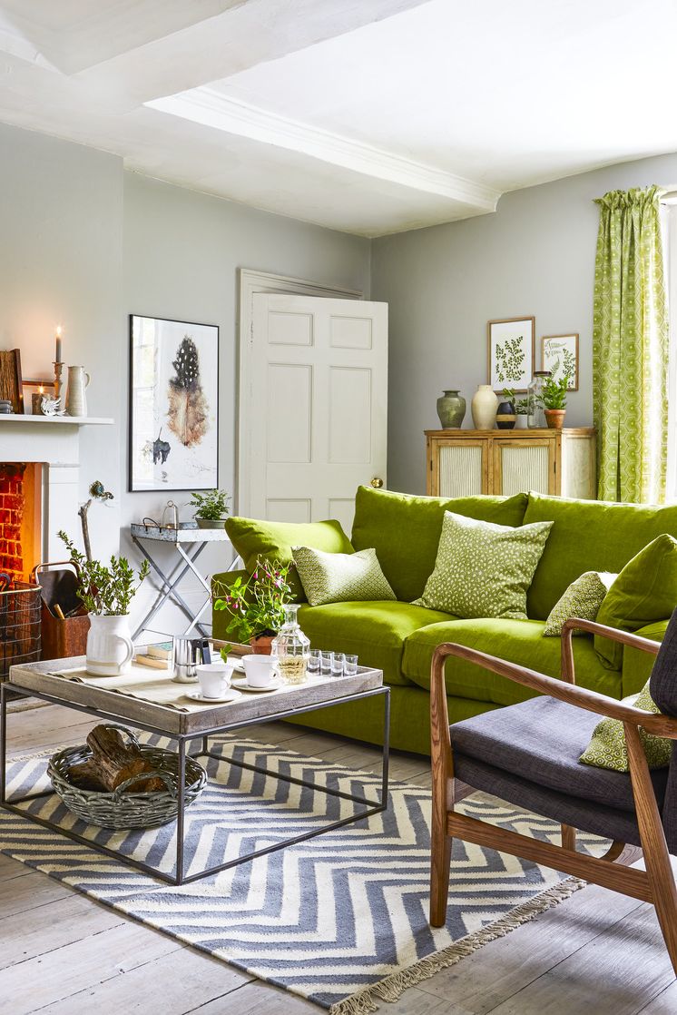 living room with bright green couch