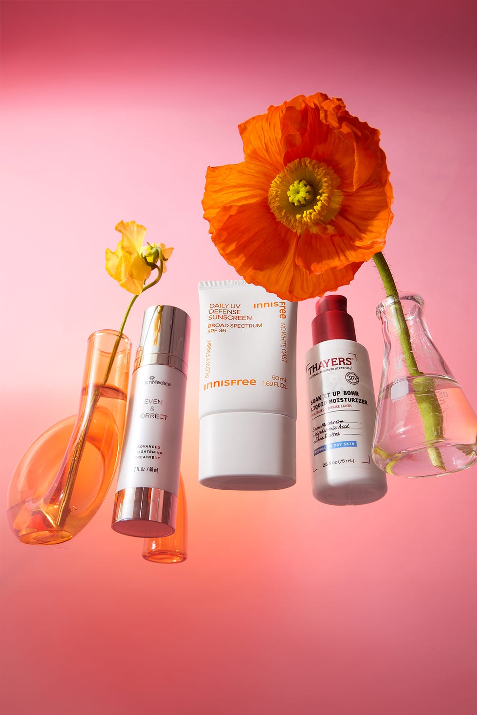 skinmedica even correct advanced brightening treatment, innisfree daily uv defense invisible broad spectrum spf and thayers soak it up 80 hr liquid moisturizer