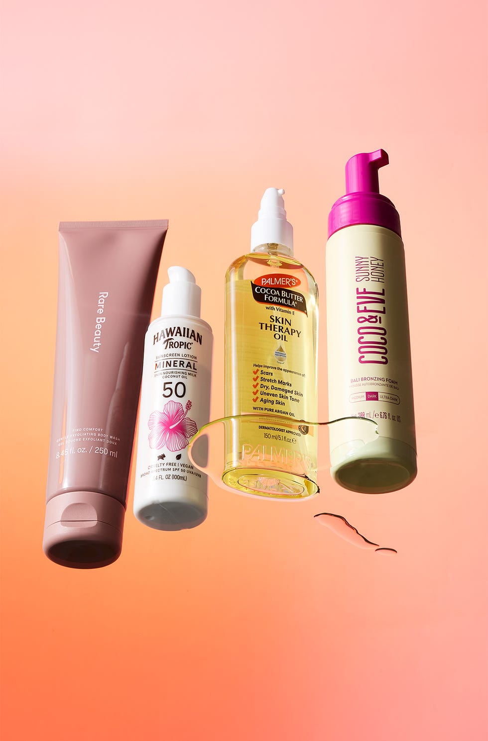 rare beauty, hawaiian tropic, palmers and coco & eve body products