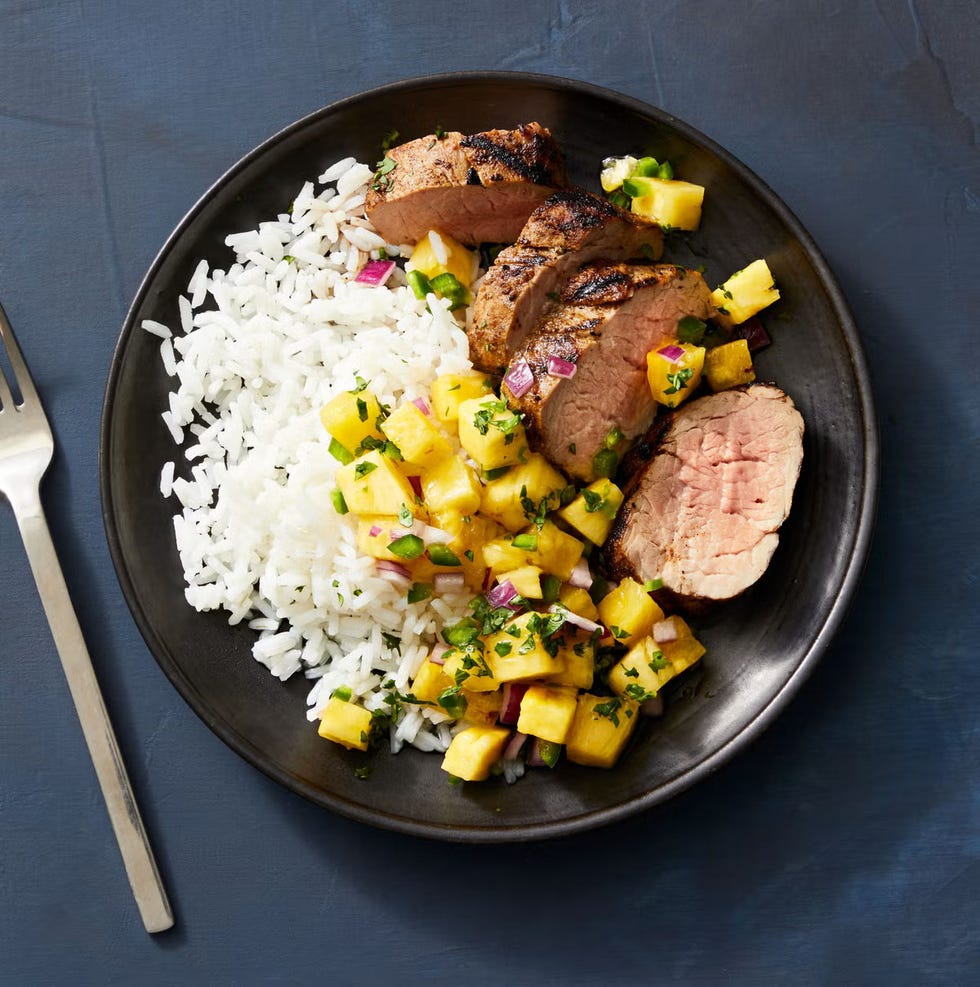 jerk pork tenderloin with pineapple salsa and white rice