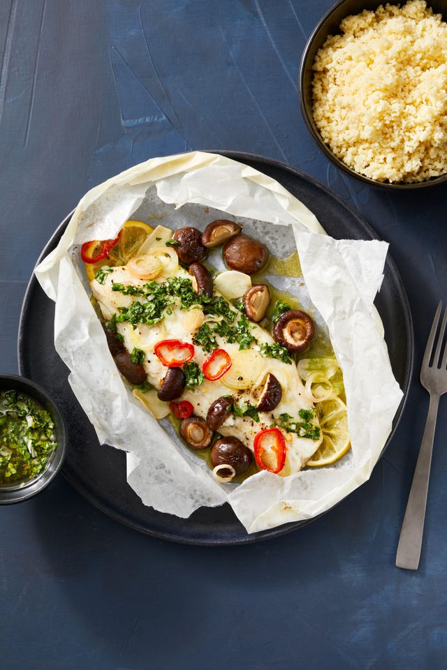 sea bass en papillote with watercress chimichurri