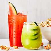 honeydew margarita cocktail, watermelon rum punch cocktail, chili lime popcorn appetizer