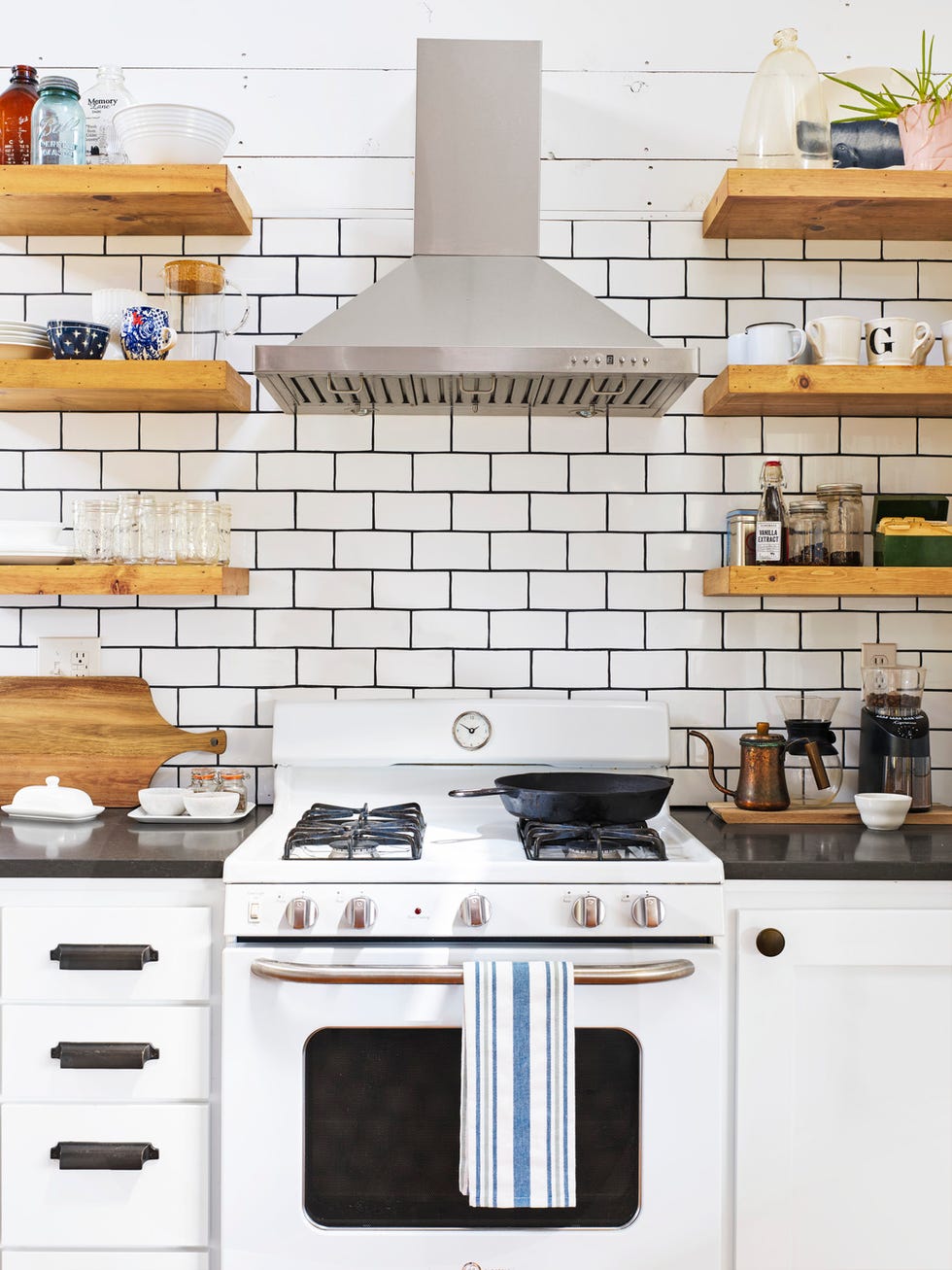 kitchen decor ideas white tile backsplash and rustic open shelves