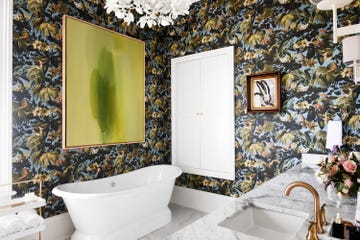 bathroom designed by hattie collins of hattie sparks interiors artwork by mallory page left, hunt slonem
